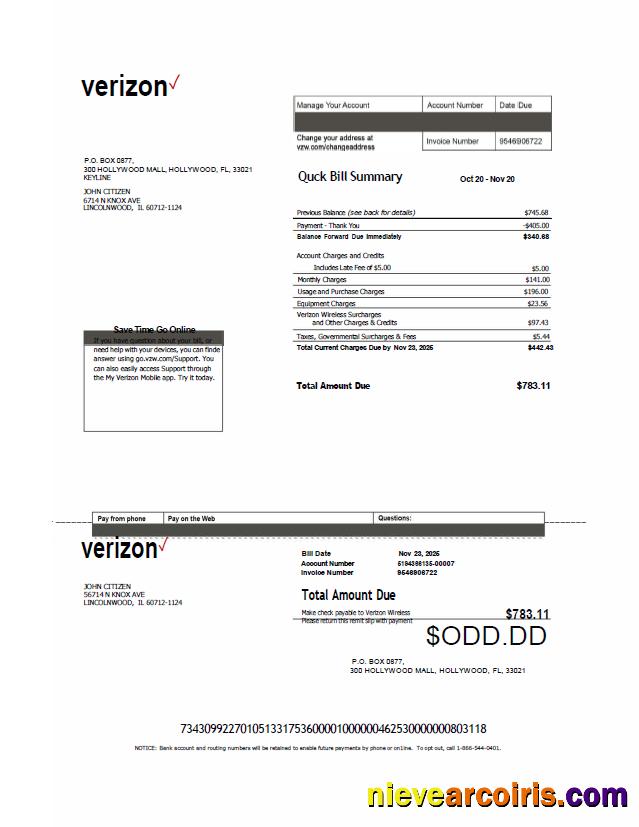USA Verizon utility bill, version 2